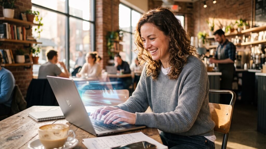 Usuário feliz e produtivo trabalhando de forma muito rápida em um notebook otimizado e sem nenhum travamento.