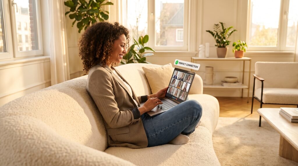 Usuário feliz, produtivo e sem interrupções fazendo uma videochamada perfeita em um notebook com internet rápida.