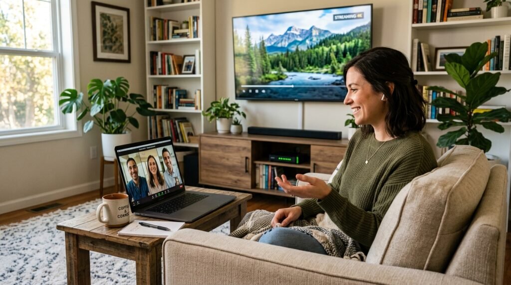 Usuário feliz trabalhando sem lentidão no notebook enquanto a TV reproduz filmes em perfeita harmonia na rede de internet.