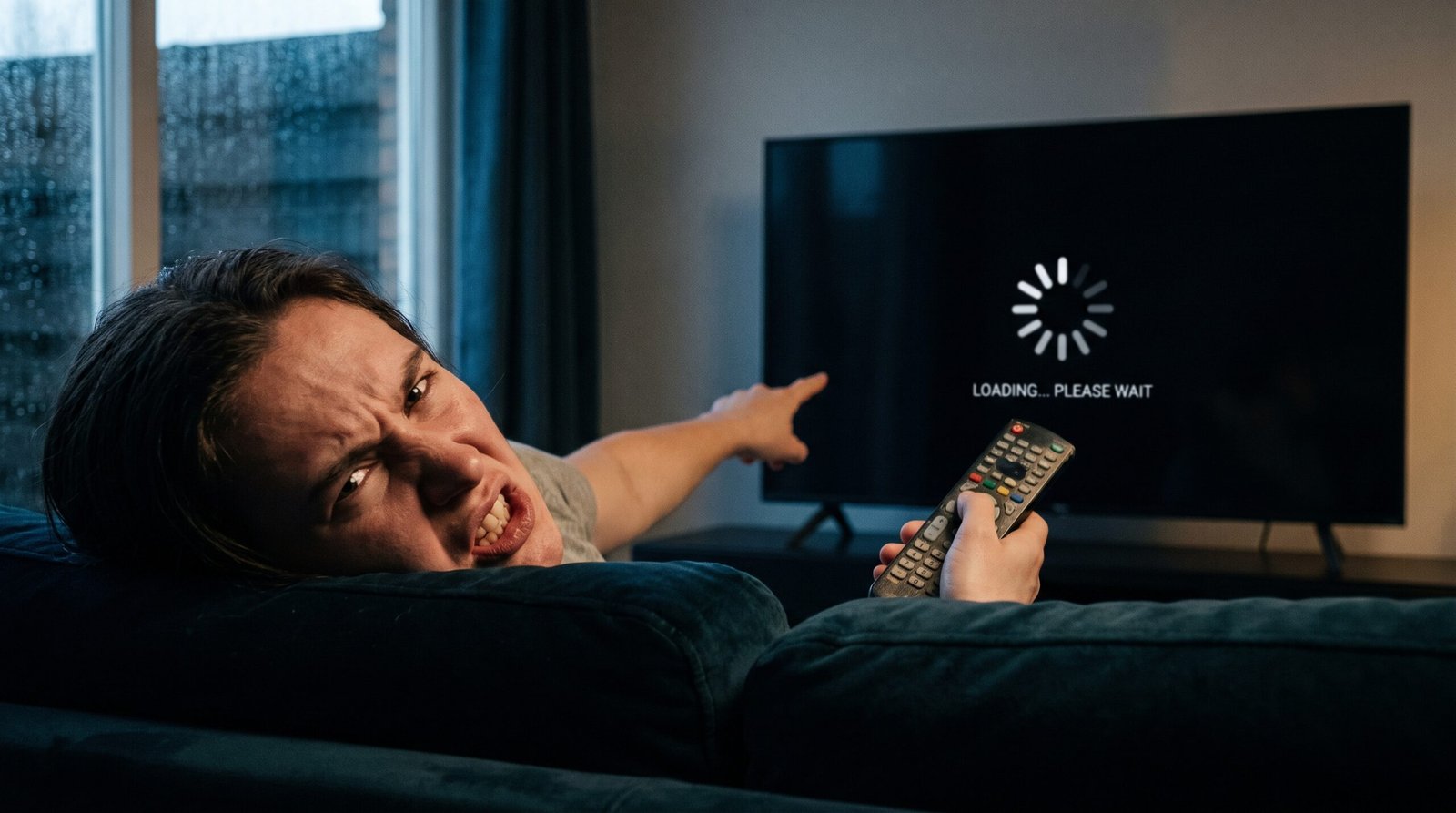 Usuário frustrado e estressado no sofá aguardando o carregamento infinito de uma Smart TV lenta.