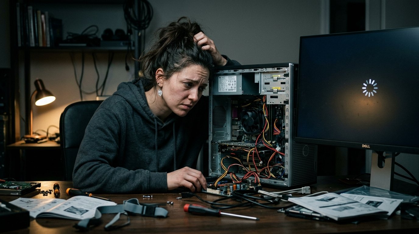 Usuário frustrado e estressado observando um computador desktop aberto que precisa de limpeza e manutenção.