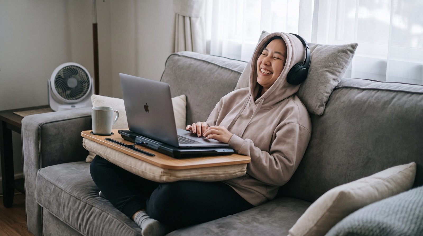 Usuário muito feliz, tranquilo e totalmente focado trabalhando com o seu notebook de forma segura e ergonomicamente apoiado em uma base rígida no sofá, livre de aquecimentos incômodos.