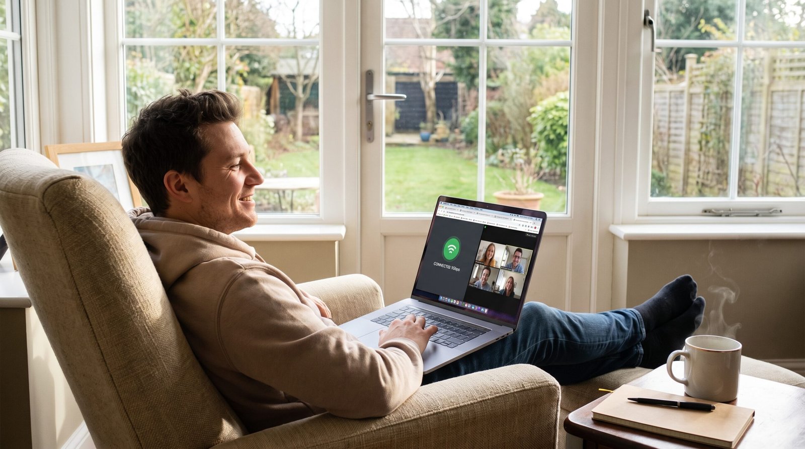 Usuário satisfeito, muito relaxado e produtivo utilizando um notebook com conexão de internet extremamente estável, rápida e sem quedas.