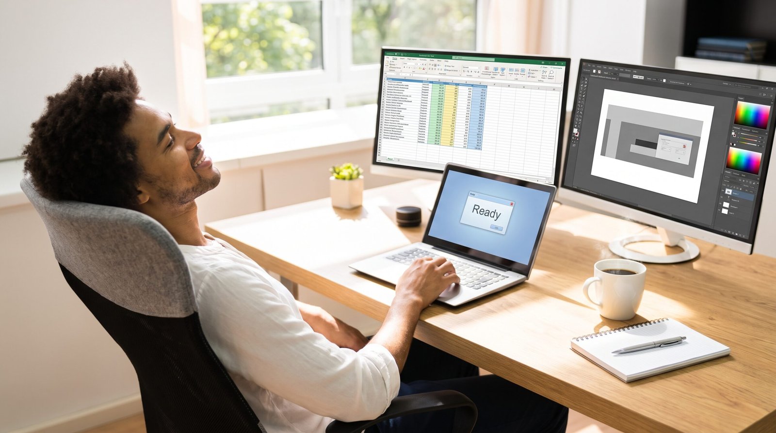 Usuário satisfeito, relaxado e extremamente produtivo trabalhando em um computador que liga rápido e funciona de forma fluida sem travamentos.