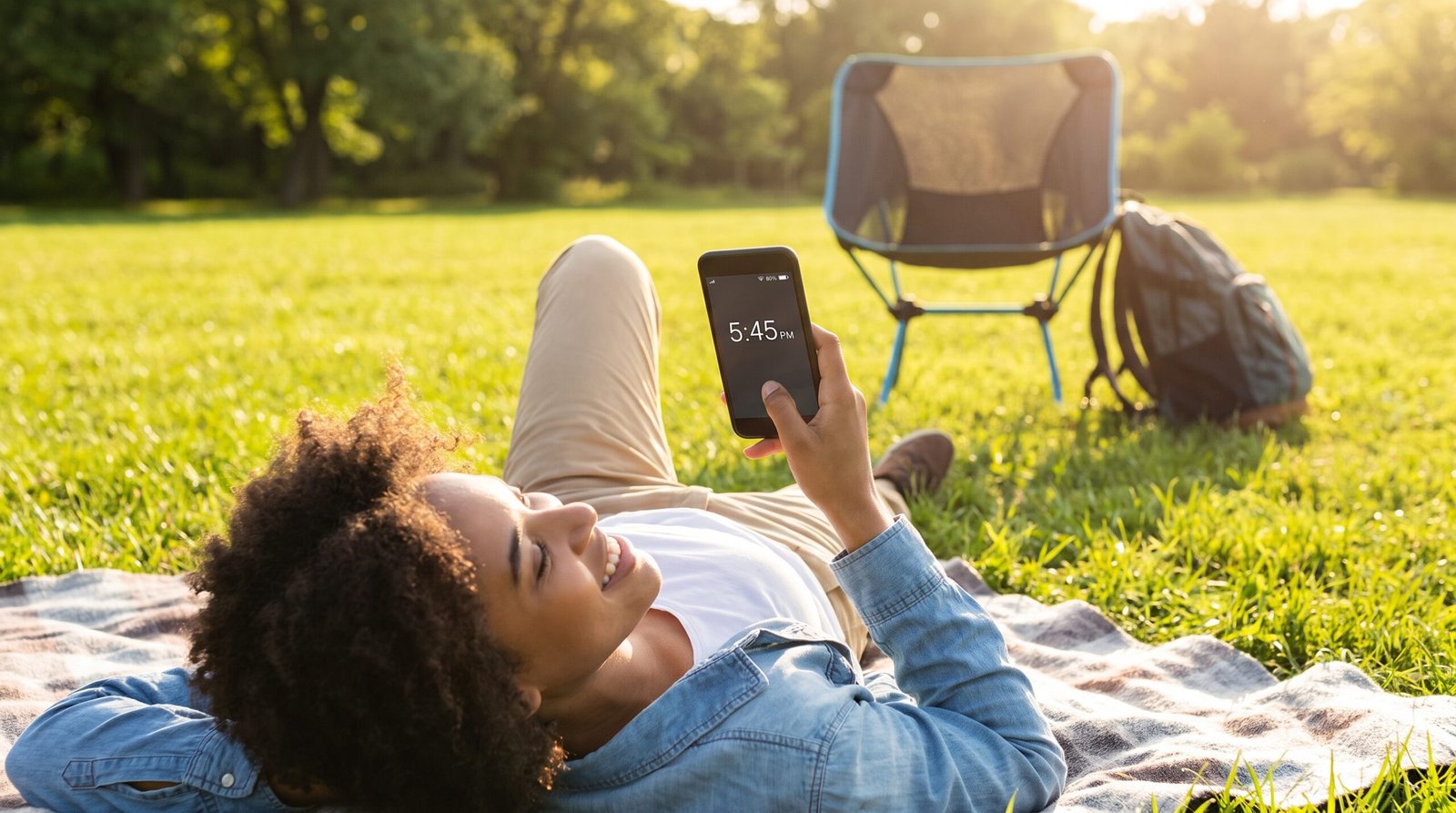 Usuário satisfeito, relaxado e feliz utilizando um smartphone longe de tomadas, transmitindo o sentimento de excelente autonomia de bateria ao longo de um dia inteiro.