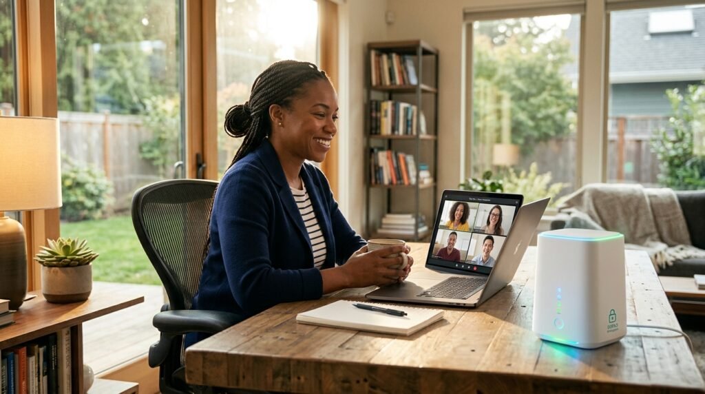 Usuário satisfeito, relaxado e produtivo utilizando um notebook com conexão de internet Wi-Fi rápida e totalmente blindada.