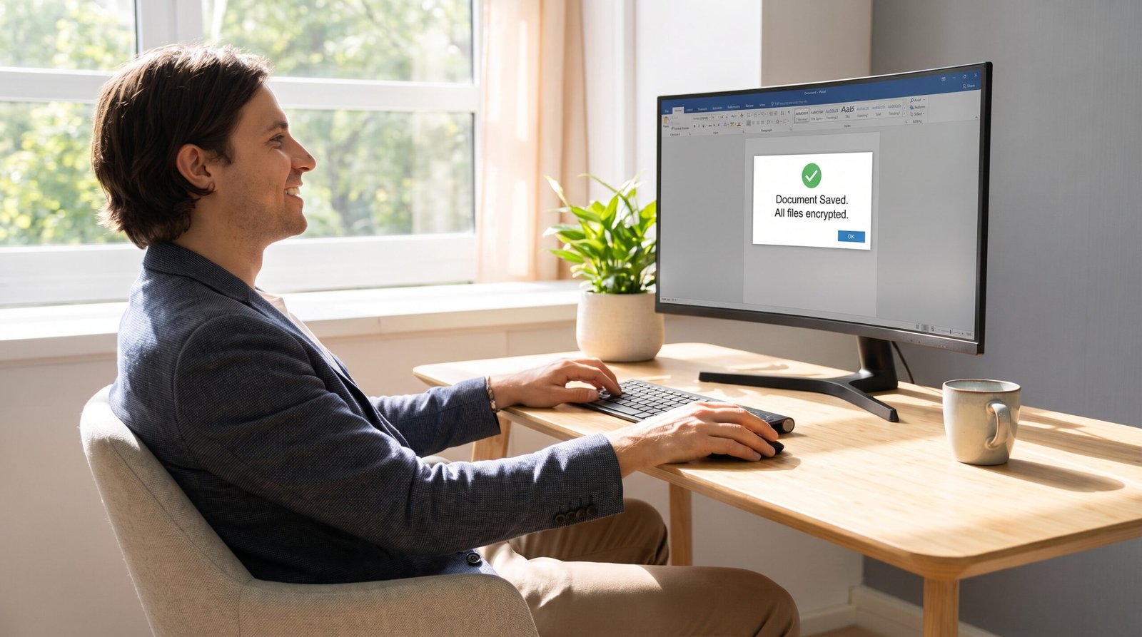 Usuário satisfeito, relaxado e sorridente salvando seu trabalho em um computador rápido, estável e livre de travamentos.