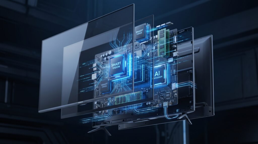 Visão 3D ilustrativa revelando a placa-mãe, processadores e Memória RAM escondidos dentro de uma Smart TV moderna.