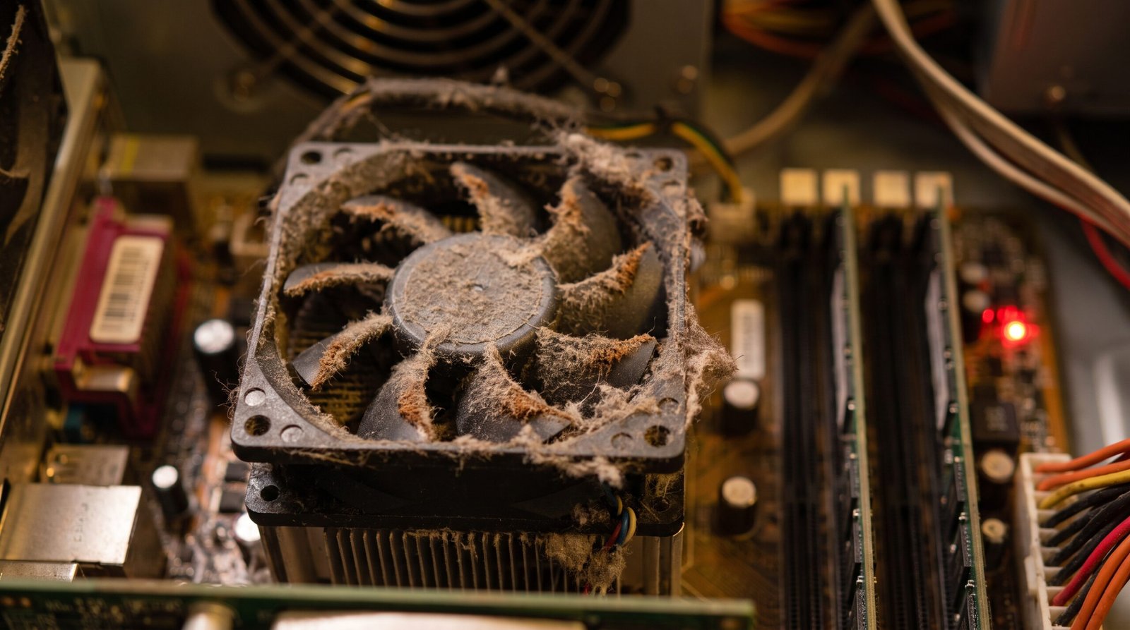 Visão interna do ventilador de um computador completamente entupido por poeira, causando superaquecimento extremo e travamentos de tela.