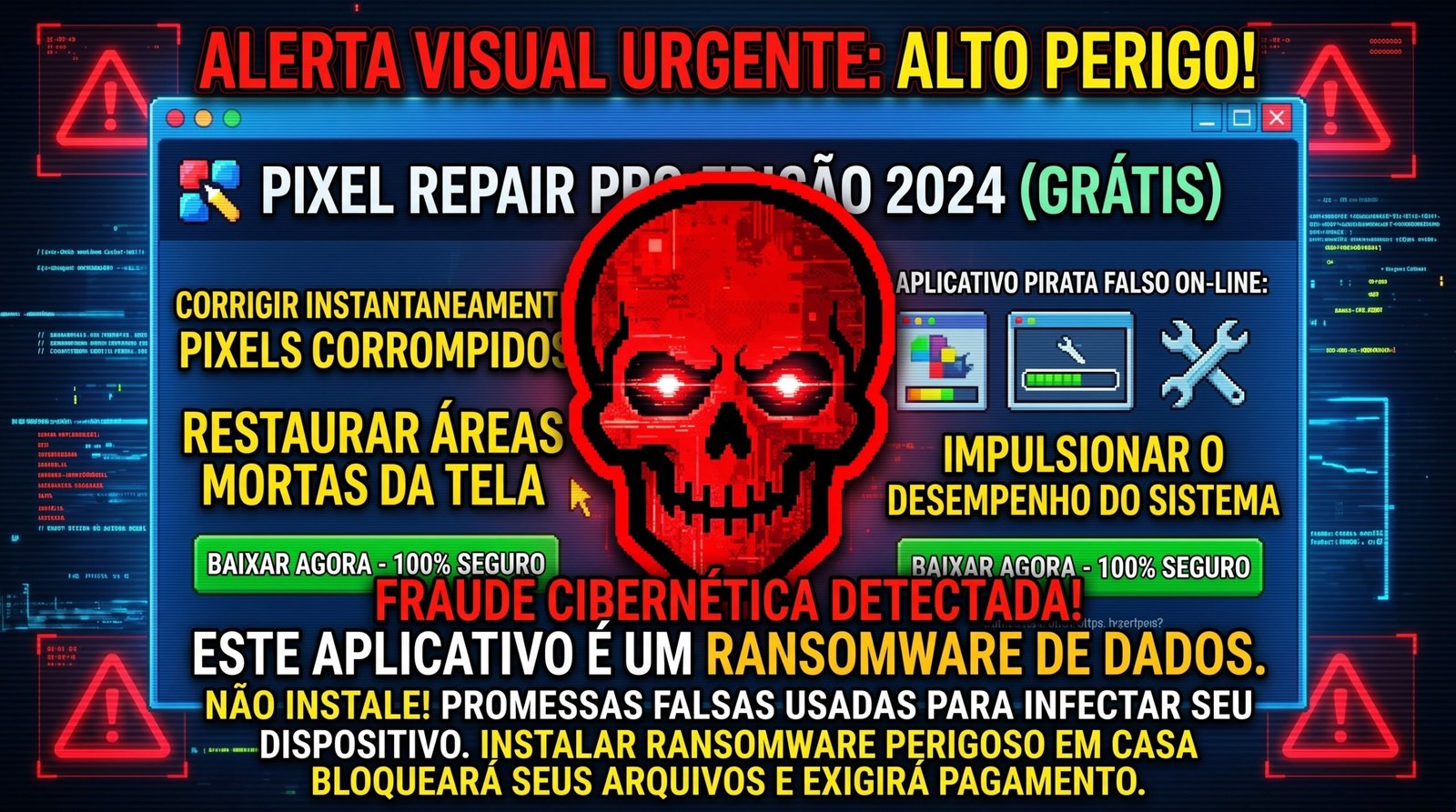 alerta visual em estilo de urgência tecnológica perante o elevado perigo de estelionato cibernético