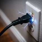 cabo de energia de computador plugado diretamente numa tomada de parede doméstica