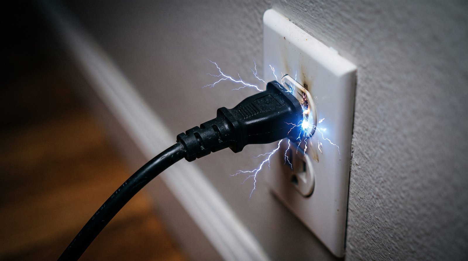 cabo de energia de computador plugado diretamente numa tomada de parede doméstica