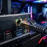 cabo de rede ethernet RJ45 sendo firmemente plugado na porta traseira iluminada de um poderoso computador gamer PC