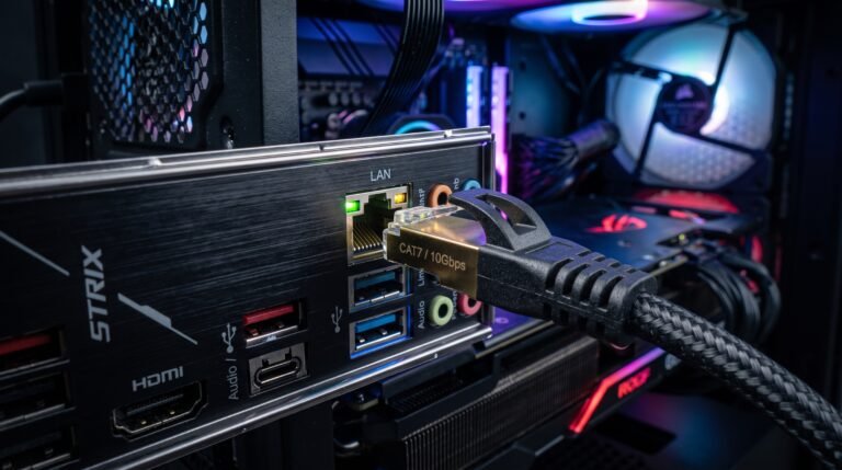 cabo de rede ethernet RJ45 sendo firmemente plugado na porta traseira iluminada de um poderoso computador gamer PC