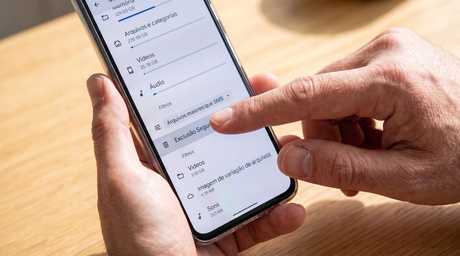 celular nas mãos de um usuário, detalhando na tela a ferramenta nativa de gerenciamento de armazenamento