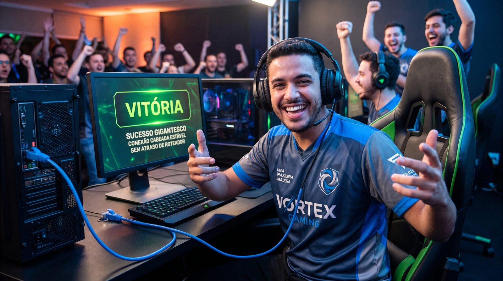e-atleta amador vestindo fones imersivos incrivelmente contente, seguro, relaxado e sorridente em sua cadeira de frente ao monitor