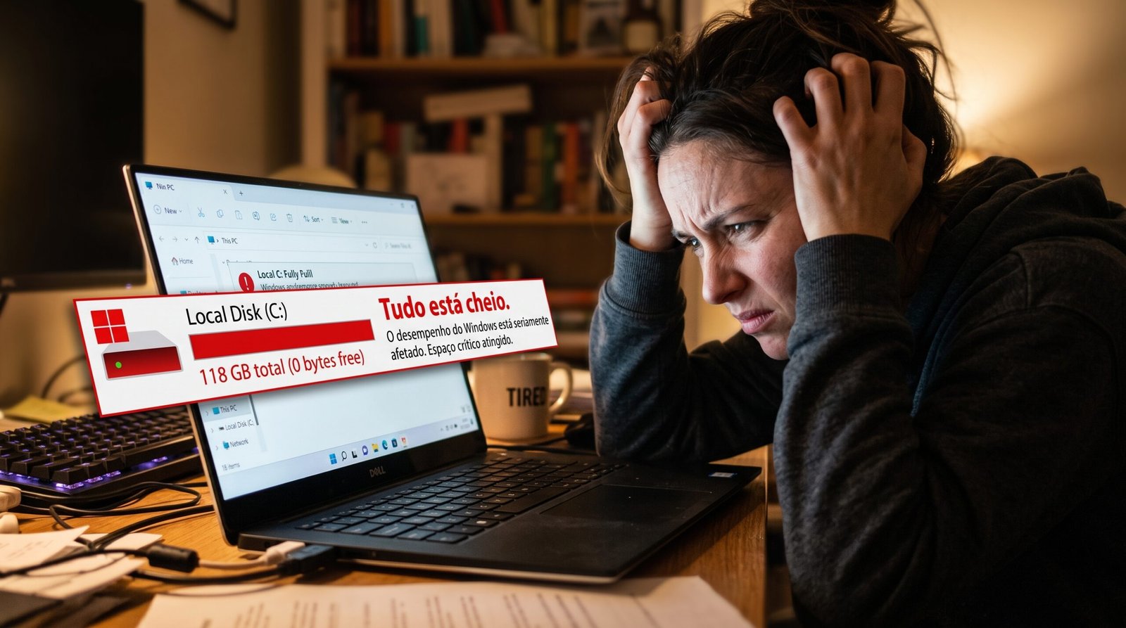exibindo o ícone do disco rígido Local C do Windows alertando severamente a completa falta de espaço