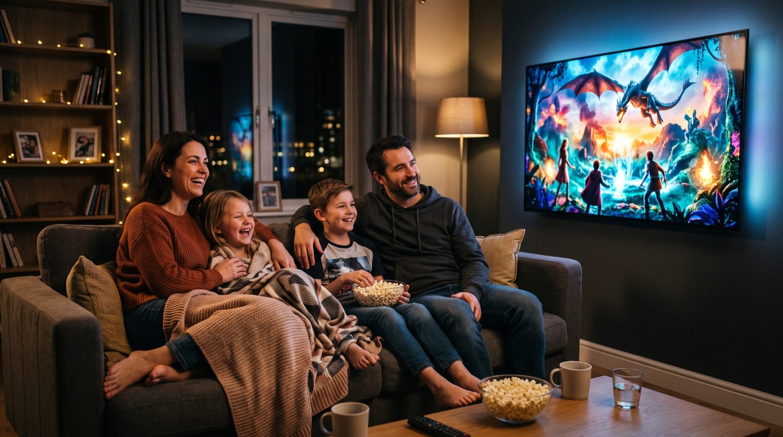 família muito feliz, segura e bastante relaxada, reunida sentada no sofá de casa durante a noite e assistindo a um belo e empolgante filme