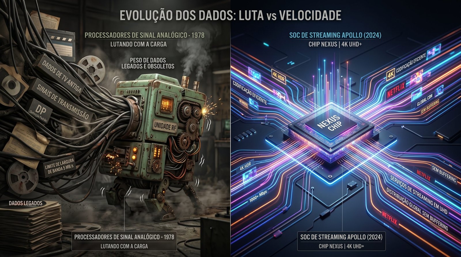 ilustração conceitual em 3D hiper-realista exibindo de um lado os velhos processadores mecânicos verdes de uma TV antiga