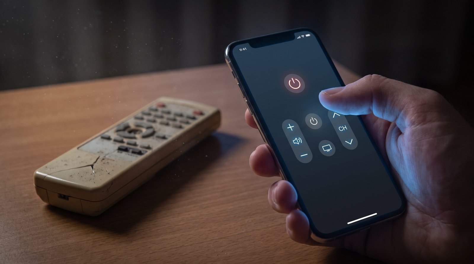 mão de um usuário na sala escura segurando um smartphone iluminado com interface limpa de controle remoto digital