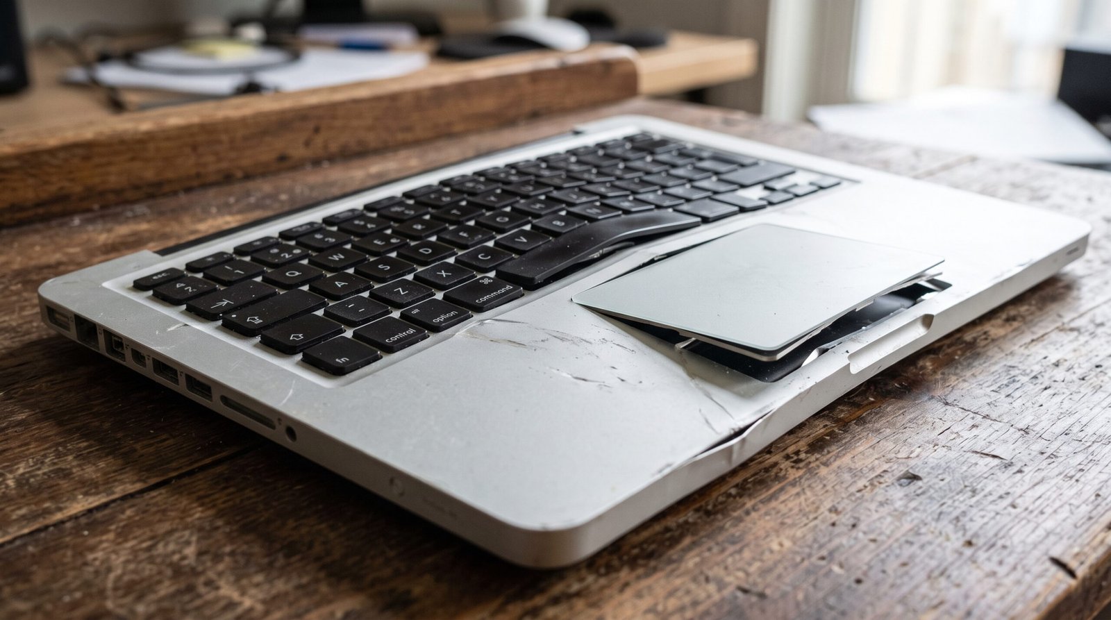 notebook prata na mesa, evidenciando o teclado deformado e o chassi estufado para cima com força