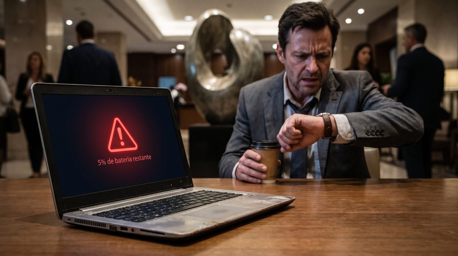notebook sobre a mesa exibindo um assustador aviso vermelho de 5% de bateria restante
