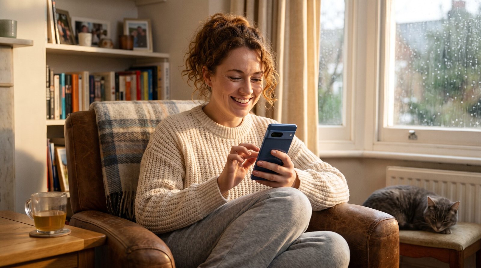 pessoa extremamente contente, confortável, e emocionalmente aliviada perante o rendimento impecável do celular