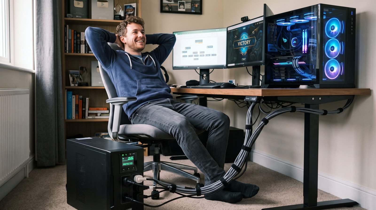 pessoa incrivelmente alegre, muito relaxada e confiante sentada perante sua belíssima mesa com um poderoso PC gamer