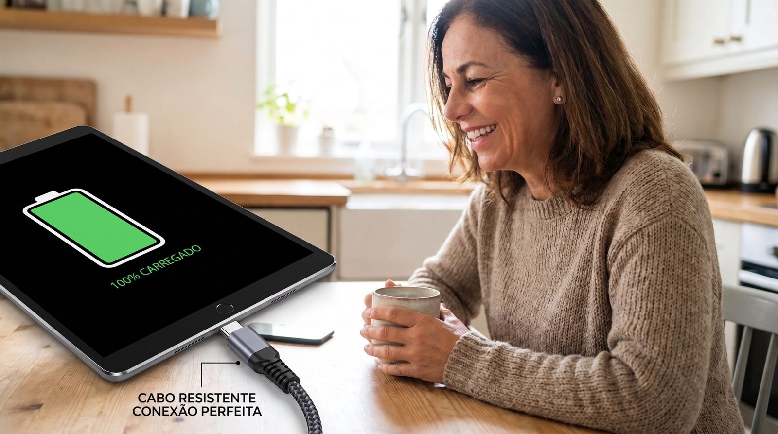 pessoa incrivelmente contente, segura, relaxada e sorridente tomando café pela manhã enquanto checa orgulhosamente a tela do seu dispositivo com 100%