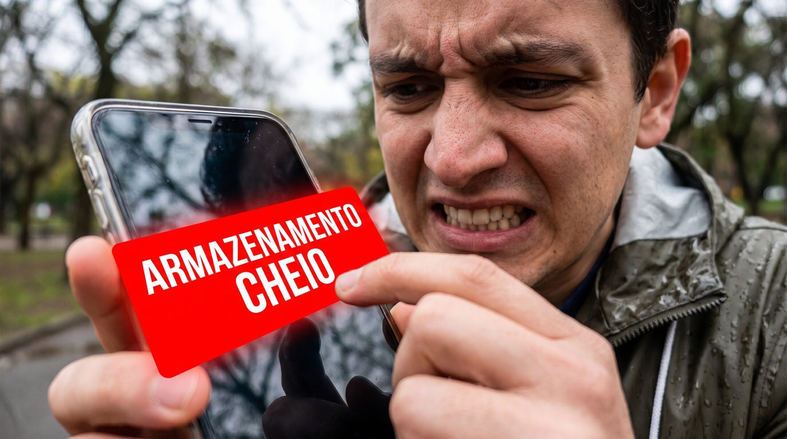 pessoa profundamente frustrada no exterior ao tentar tirar uma fotografia e sendo violentamente impedida por um aviso vermelho gigante de Armazenamento Cheio