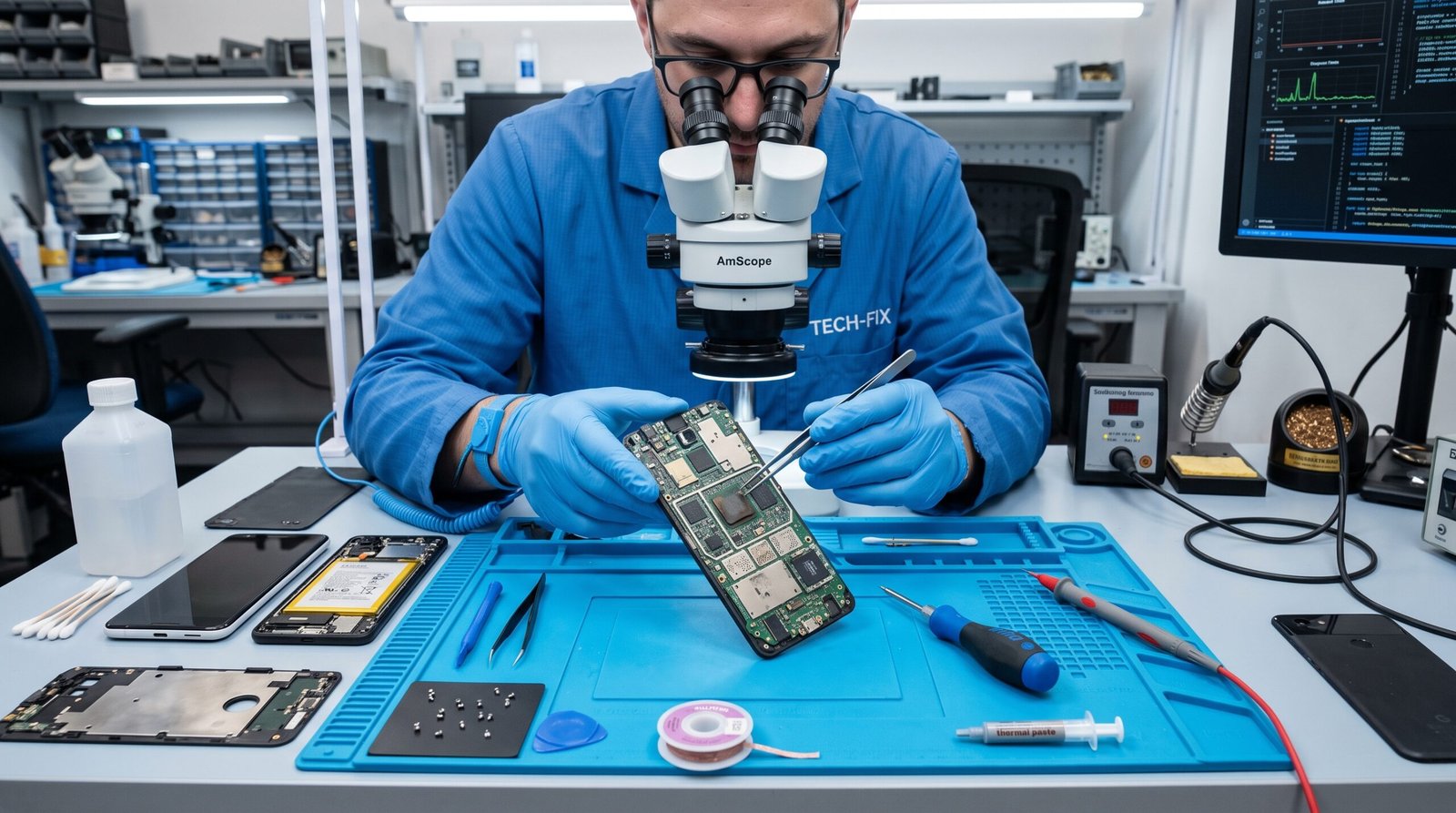 técnico moderno em laboratório realizando a manutenção detalhada