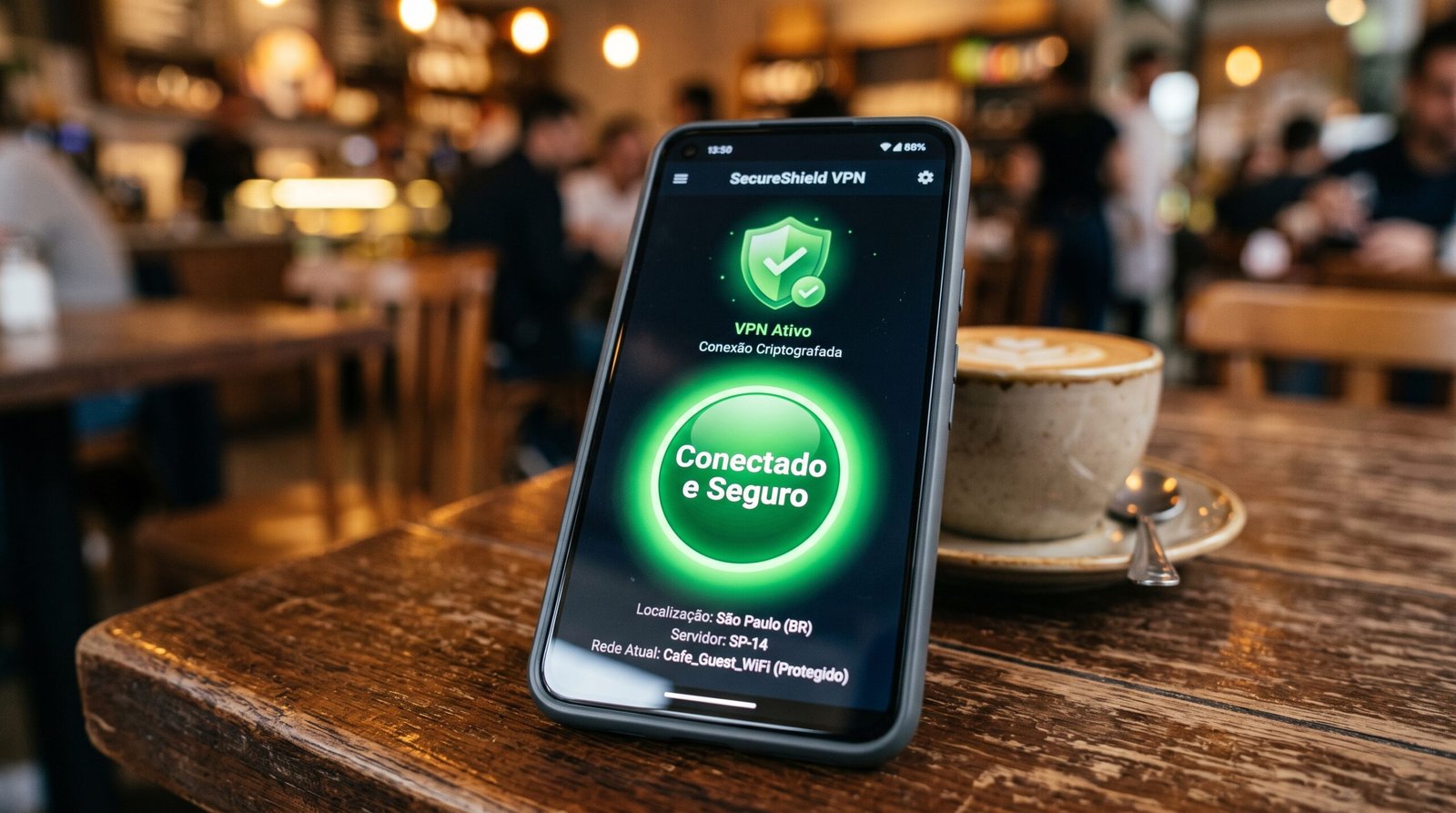 tela de um celular sobre uma mesa de cafeteria exibindo o aplicativo de VPN com o botão ativado na cor verde de Conectado e Seguro