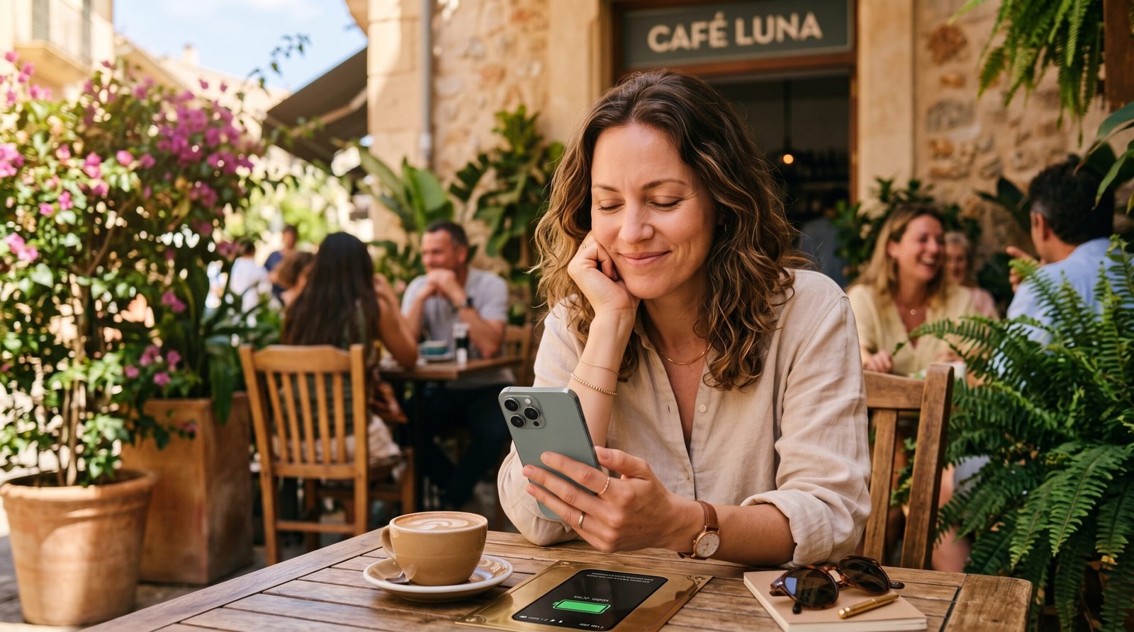 usuário bastante calmo e plenamente tranquilo desfrutando num café ensolarado com o seu moderno aparelho de celular