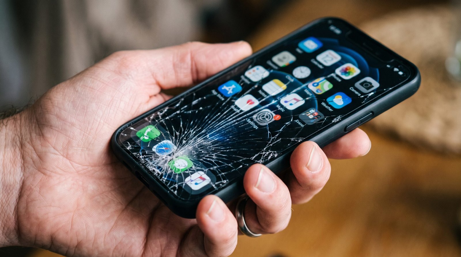 usuário segurando um smartphone moderno com a tela de vidro intensamente quebrada