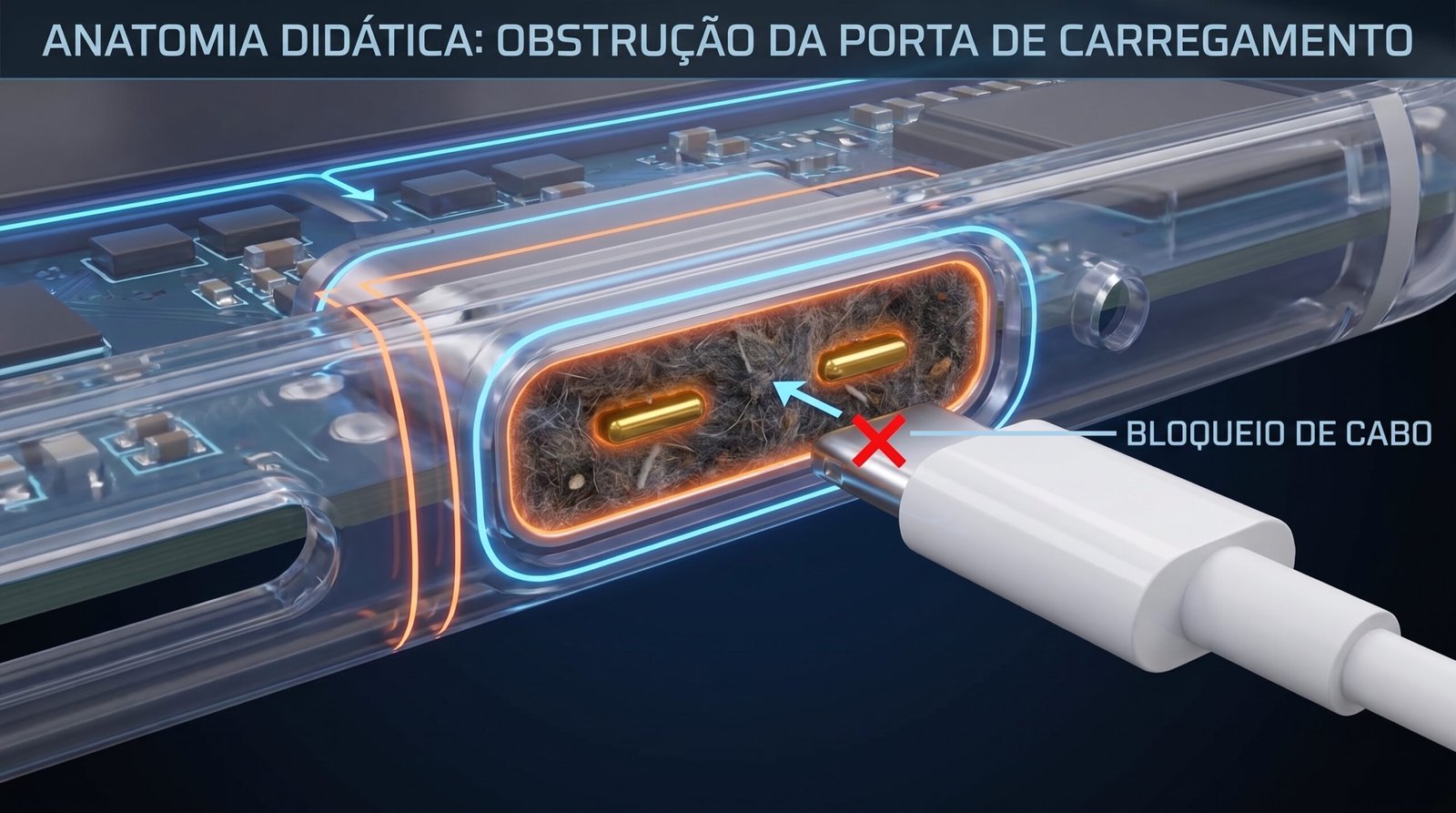 visão 3D demonstrando didaticamente a anatomia interna de uma entrada de celular