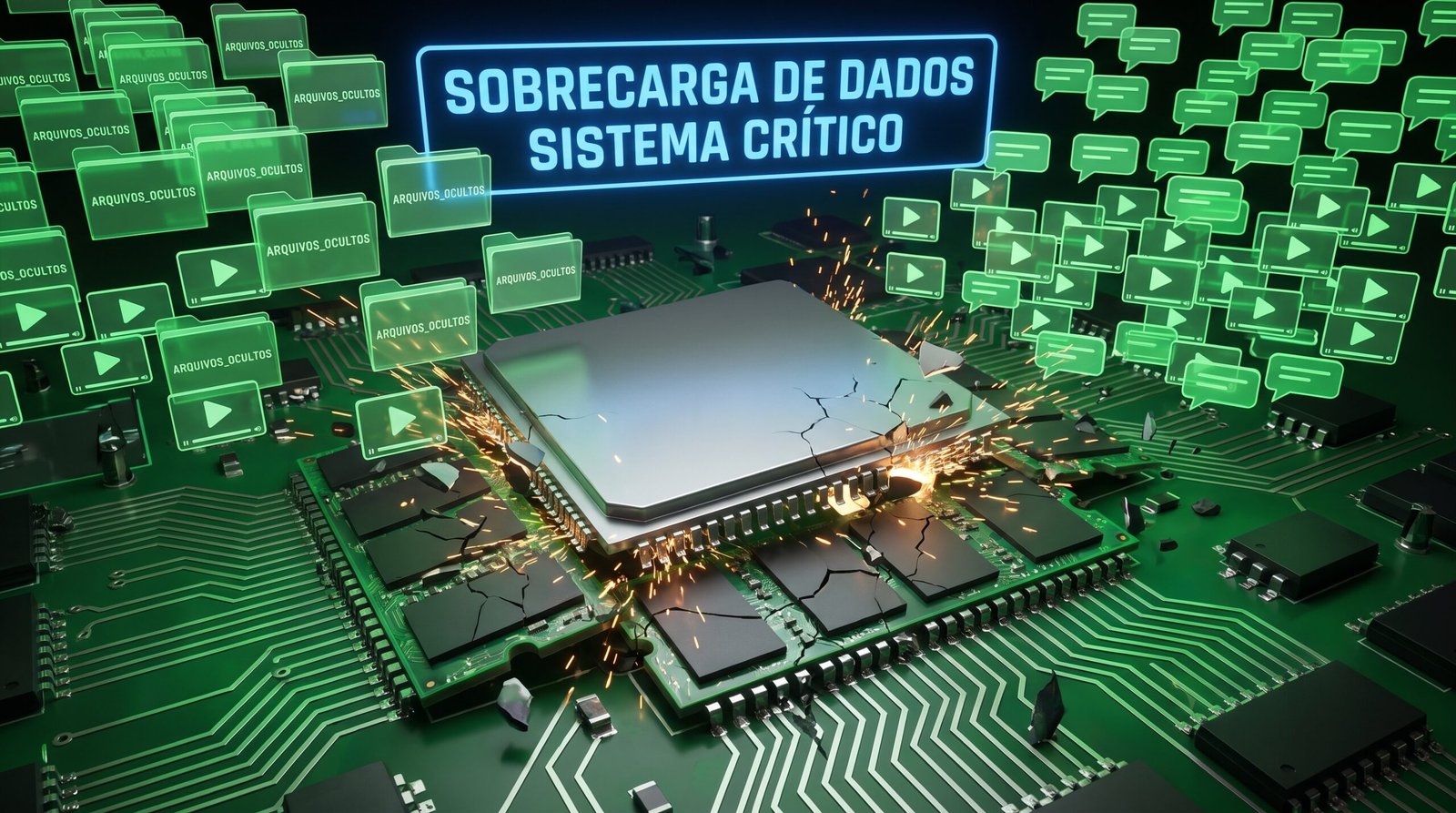 visão 3D, revelando a anatomia interna do microchip de um celular sendo agressivamente esmagado e sobrecarregado