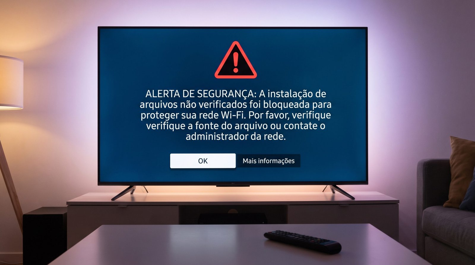 Alerta de segurança na tela da Smart TV bloqueando a instalação de arquivos não verificados