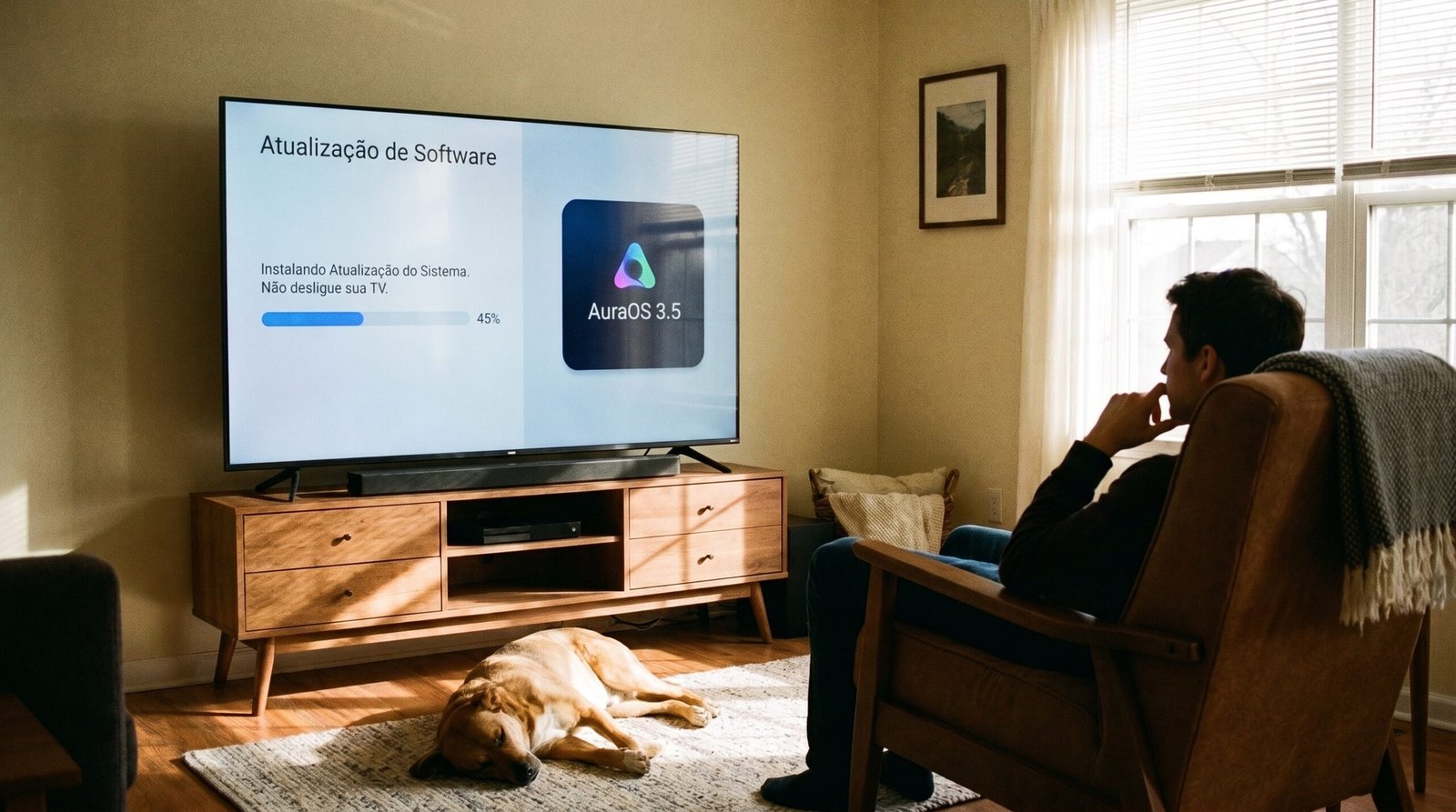 Aviso importante na tela da Smart TV recomendando não desligar o aparelho da tomada durante a atualização de firmware.