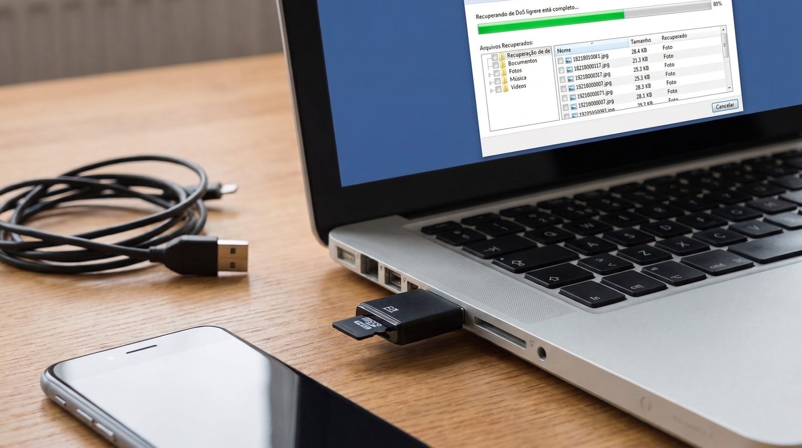 Cartão de memória microSD do celular conectado ao notebook para recuperação profunda de fotos apagadas