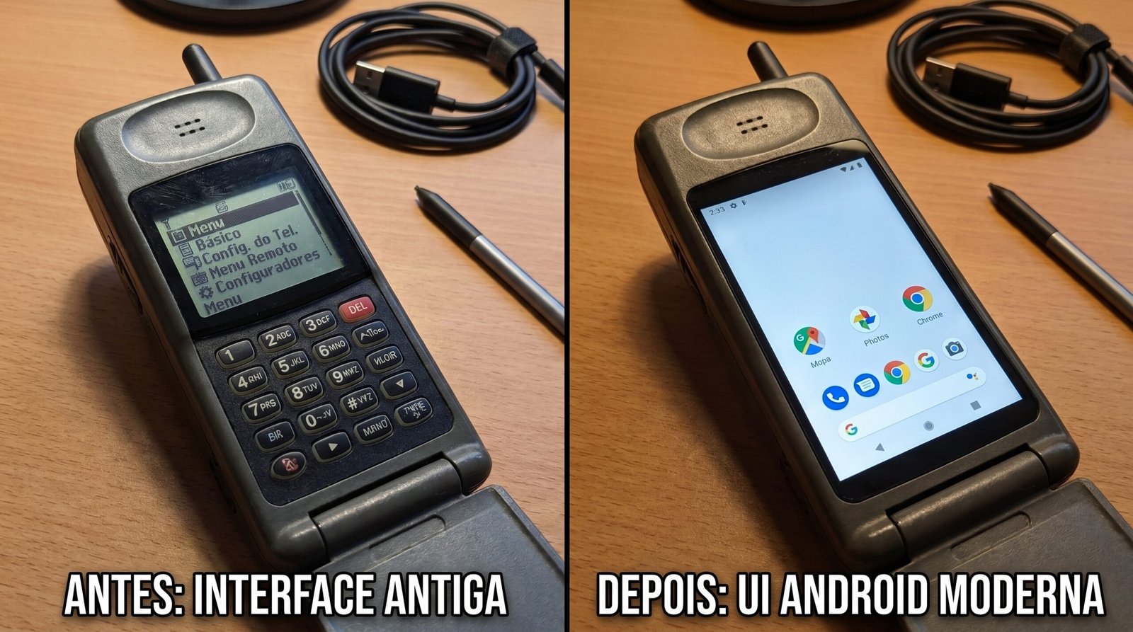 Comparativo de um celular antigo antes e depois de receber uma interface moderna e leve do Android.