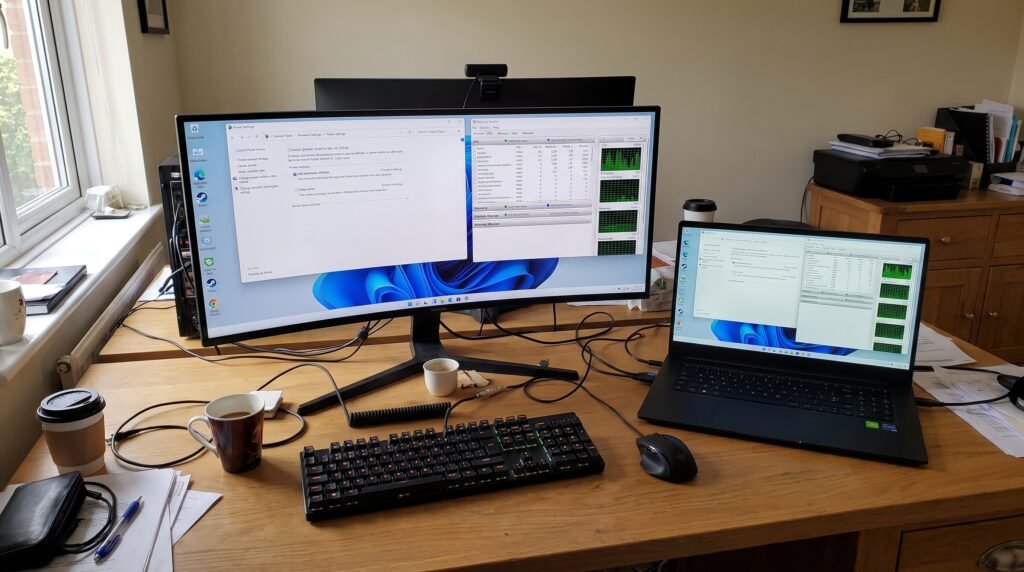 Computador e notebook sobre a mesa exibindo configurações de energia e gráfico de desempenho do Windows