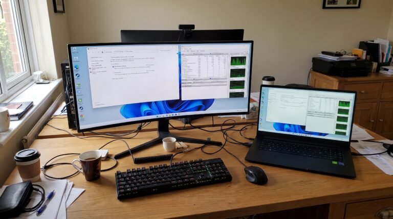 Computador e notebook sobre a mesa exibindo configurações de energia e gráfico de desempenho do Windows