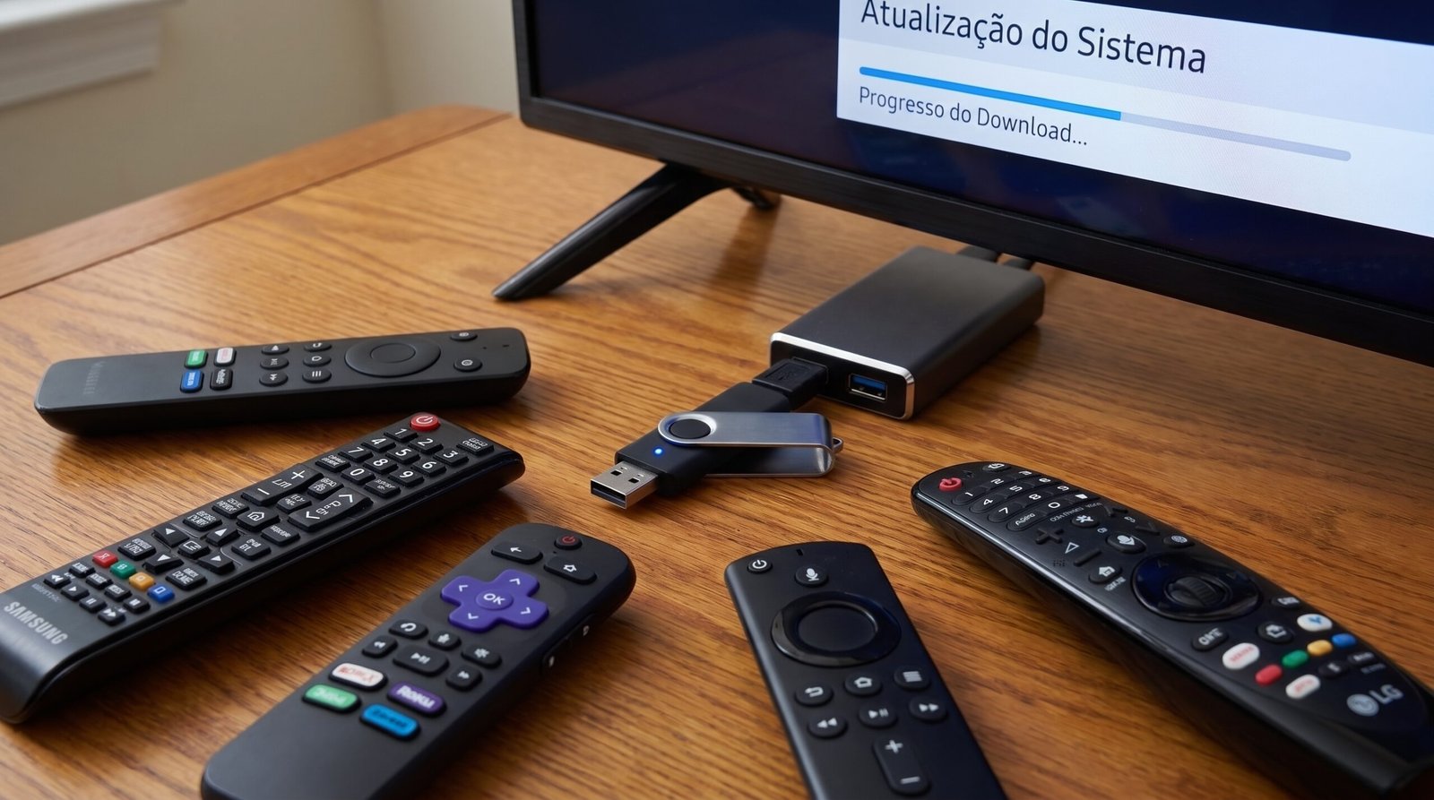 Diferentes controles remotos de Smart TV ao lado de um pendrive USB usado para atualização e instalação de aplicativos