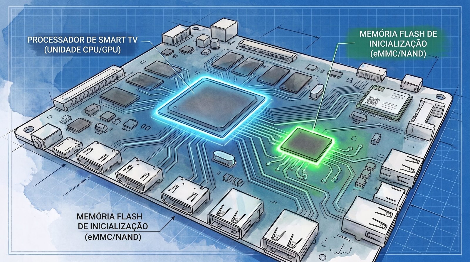 Ilustração da placa principal de uma Smart TV destacando o processador e o chip de memória interna responsável pela inicialização.