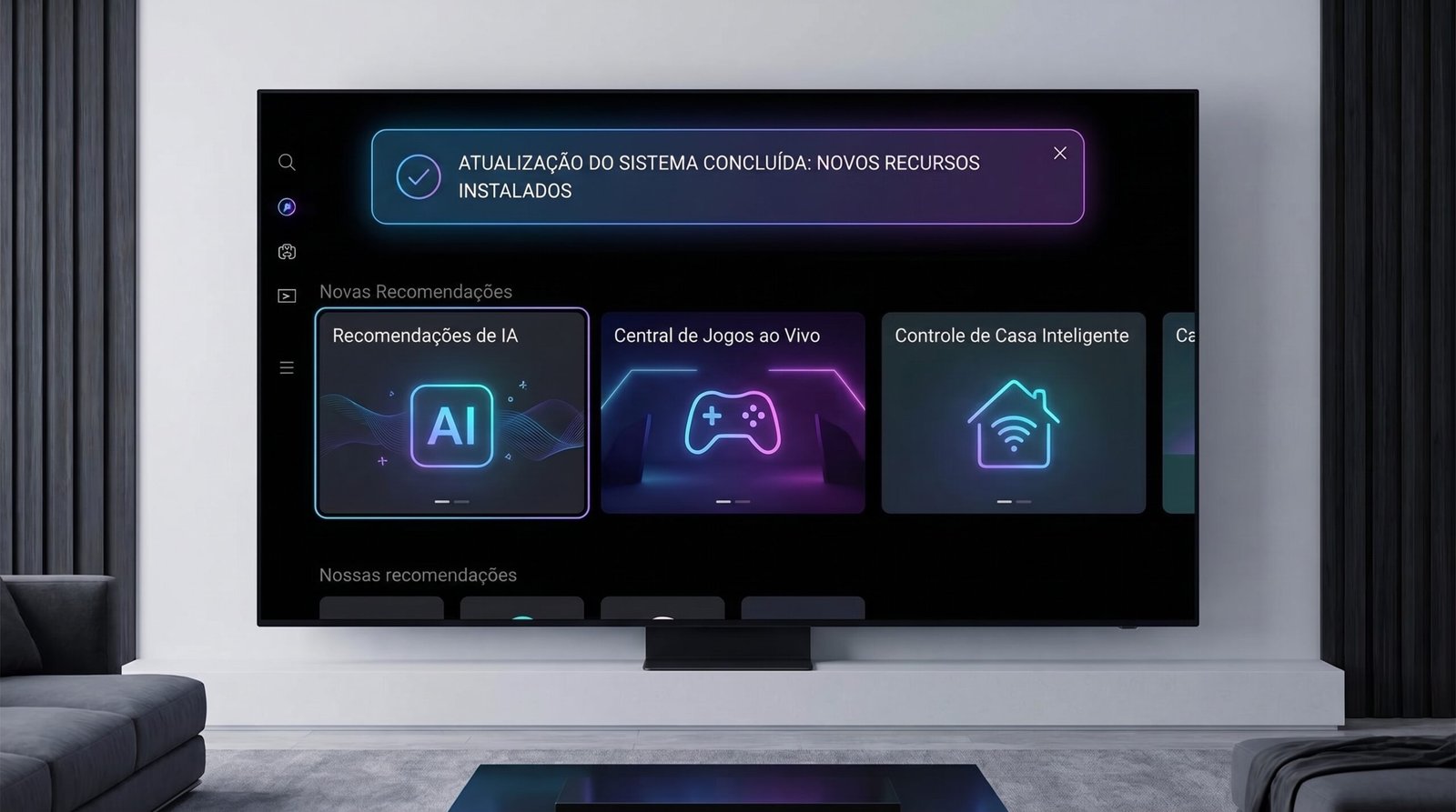 Interface moderna e rápida de uma Smart TV após receber atualização de sistema e novos recursos.