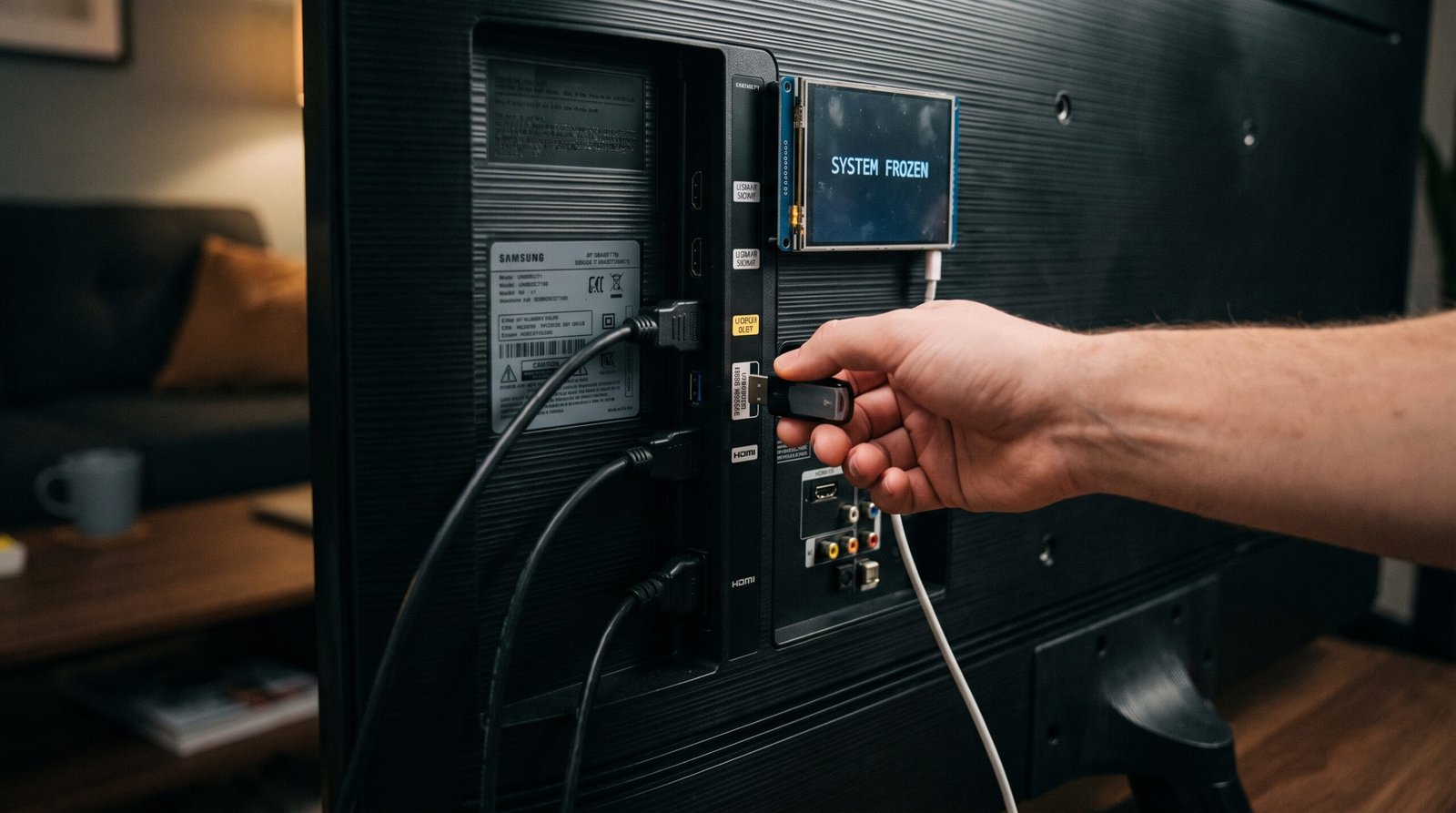 Painel traseiro da Smart TV com cabos HDMI e pendrive USB sendo desconectados para destravar a inicialização do sistema.