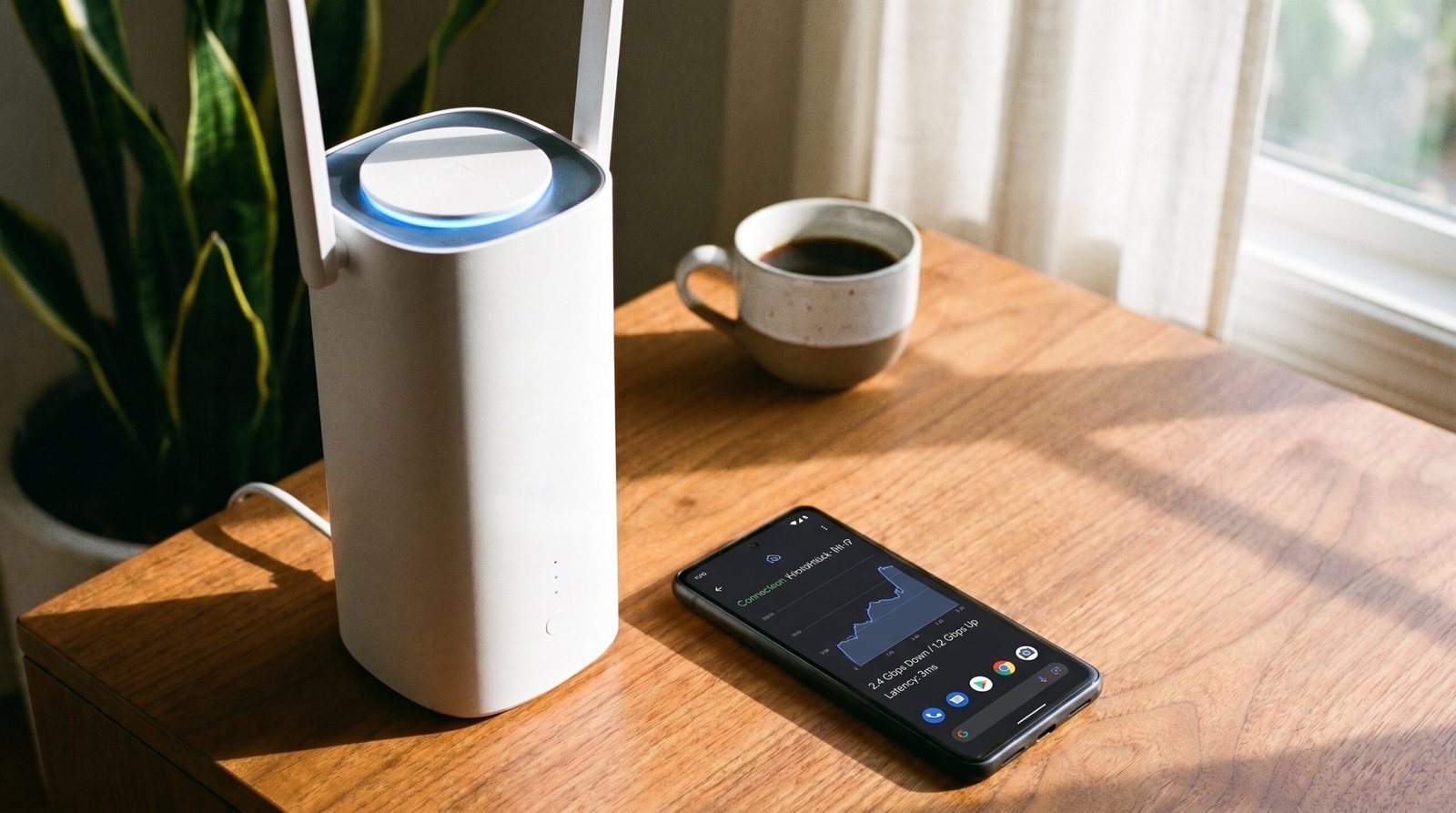 Roteador Wi-Fi moderno sobre a mesa ao lado de um smartphone exibindo dados de conexão de rede.