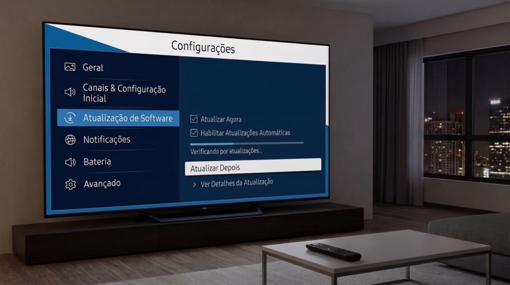 Smart TV na sala de estar exibindo a tela de atualização de software do sistema operacional.