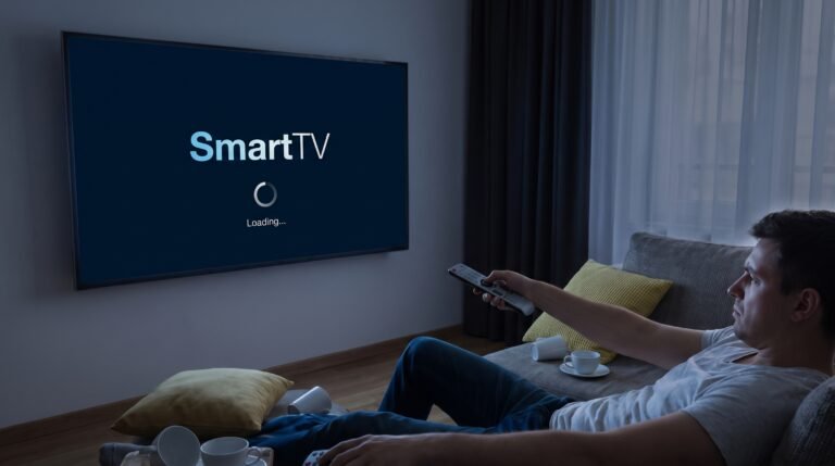 Smart TV na sala de estar travada na tela inicial com o logotipo de abertura sem responder ao controle remoto.