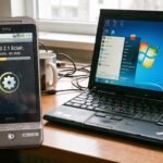 Smartphone Android antigo exibindo a tela de download de atualização do sistema operacional ao lado de um notebook.